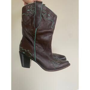Sam Edelman Limited Edition Cowgirl Boots Heels Western Brown Teal Womens 6
